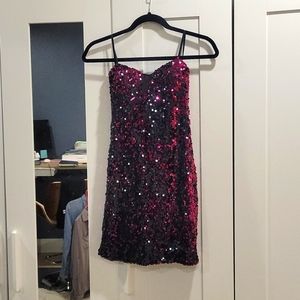 Black and pink sequined strapless dress